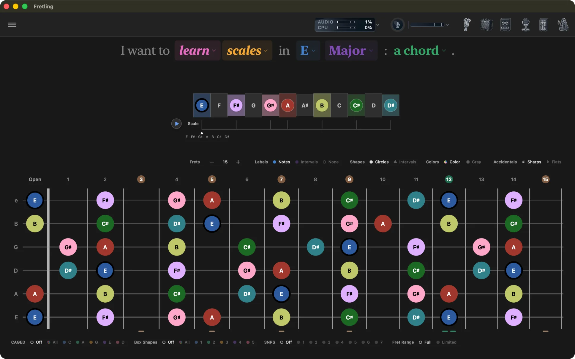 Fretling showing E Major across the whole neck, with the sentence header above and the marker display bar and visual groupings bracketing the fretboard.