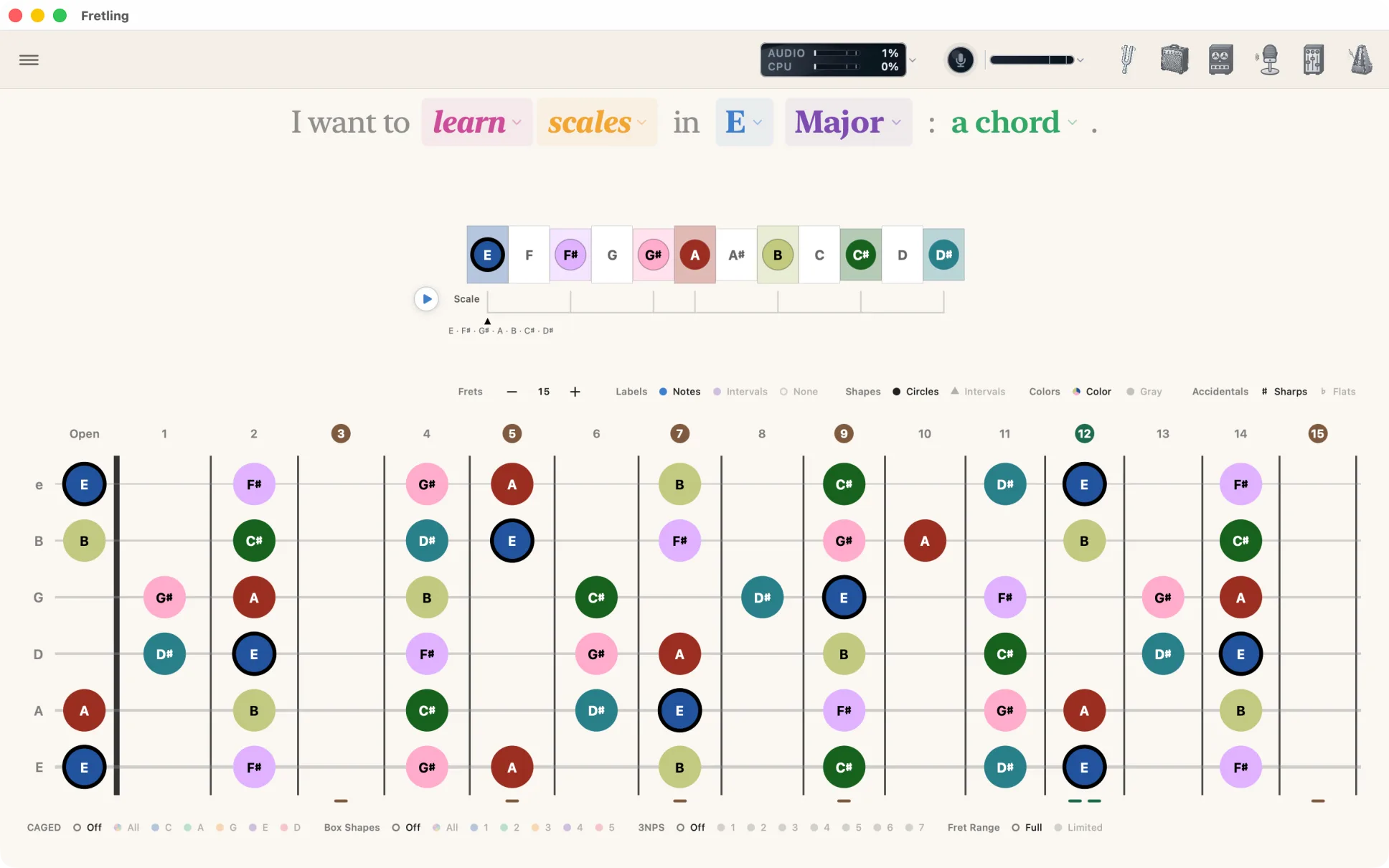Fretling showing E Major across the whole neck, with the sentence header above and the marker display bar and visual groupings bracketing the fretboard.