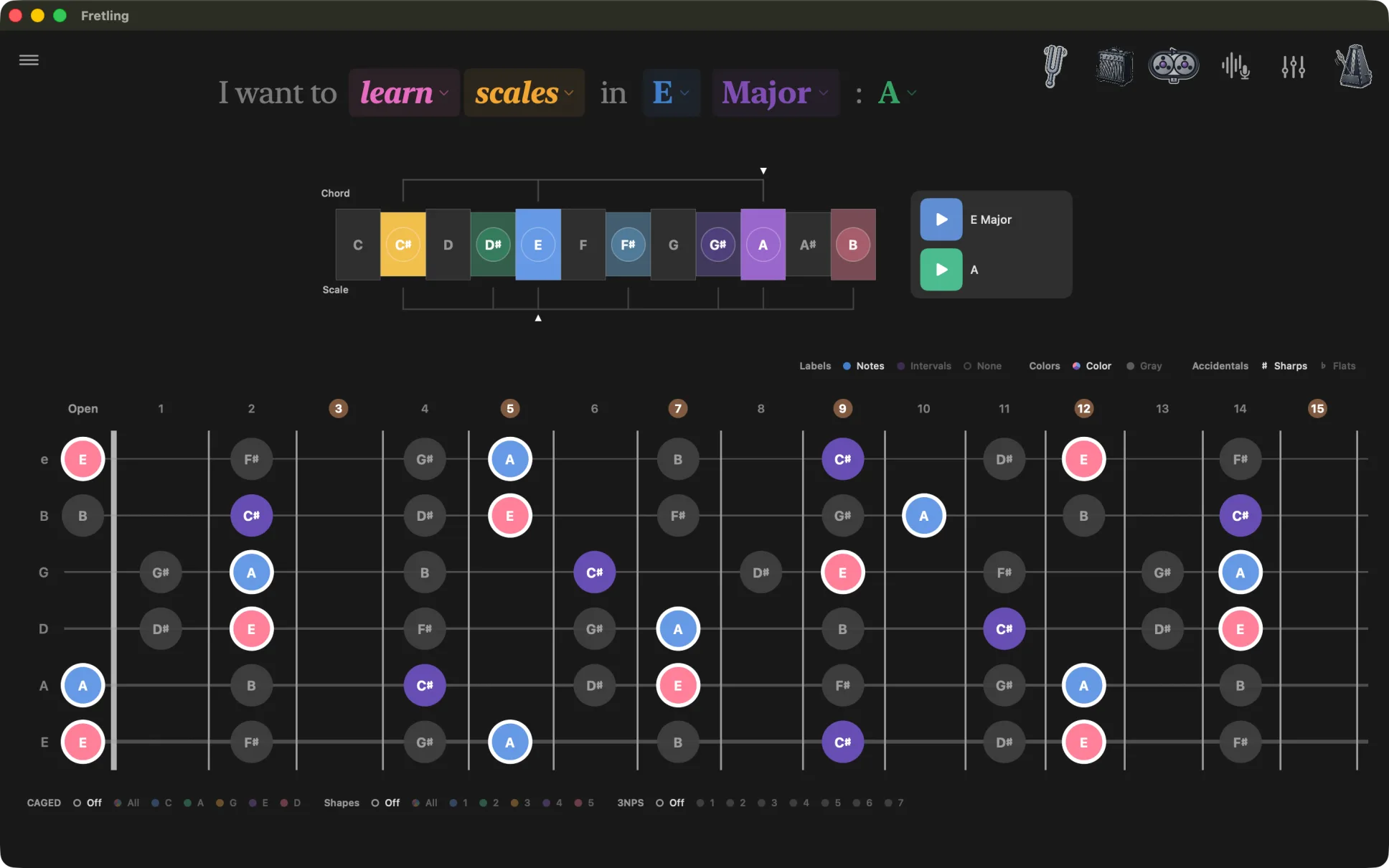 E Major drawn across the whole neck with an A major chord selected, so the chord tones stay solid while the remaining scale tones dim.