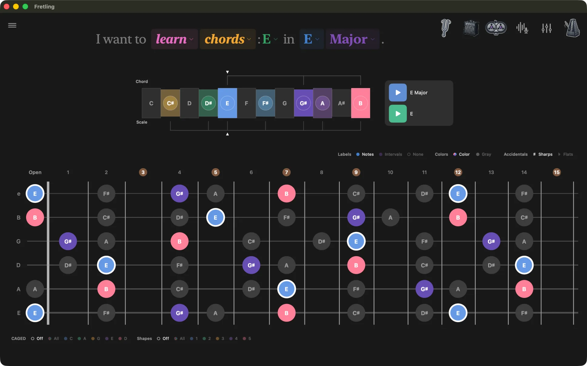 Chords mode showing E major in the key of E Major, with the chord tones coloured and the remaining scale notes shown in grey.