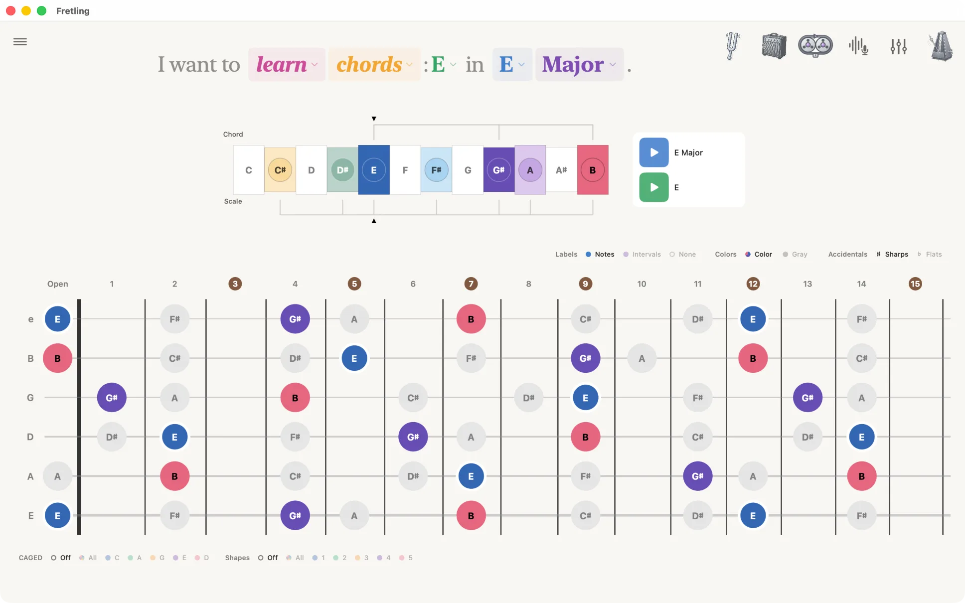 Chords mode showing E major in the key of E Major, with the chord tones coloured and the remaining scale notes shown in grey.