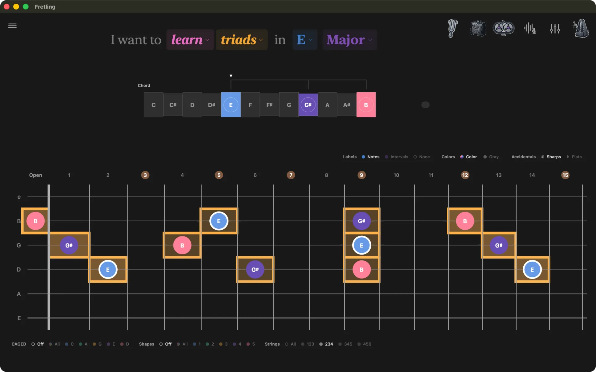 Triads mode with major triads boxed on the second, third and fourth strings.