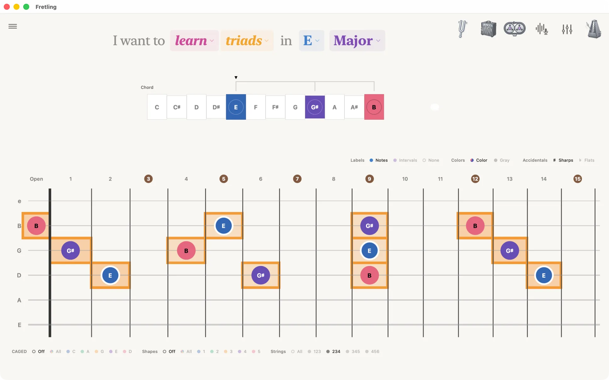 Triads mode with major triads boxed on the second, third and fourth strings.