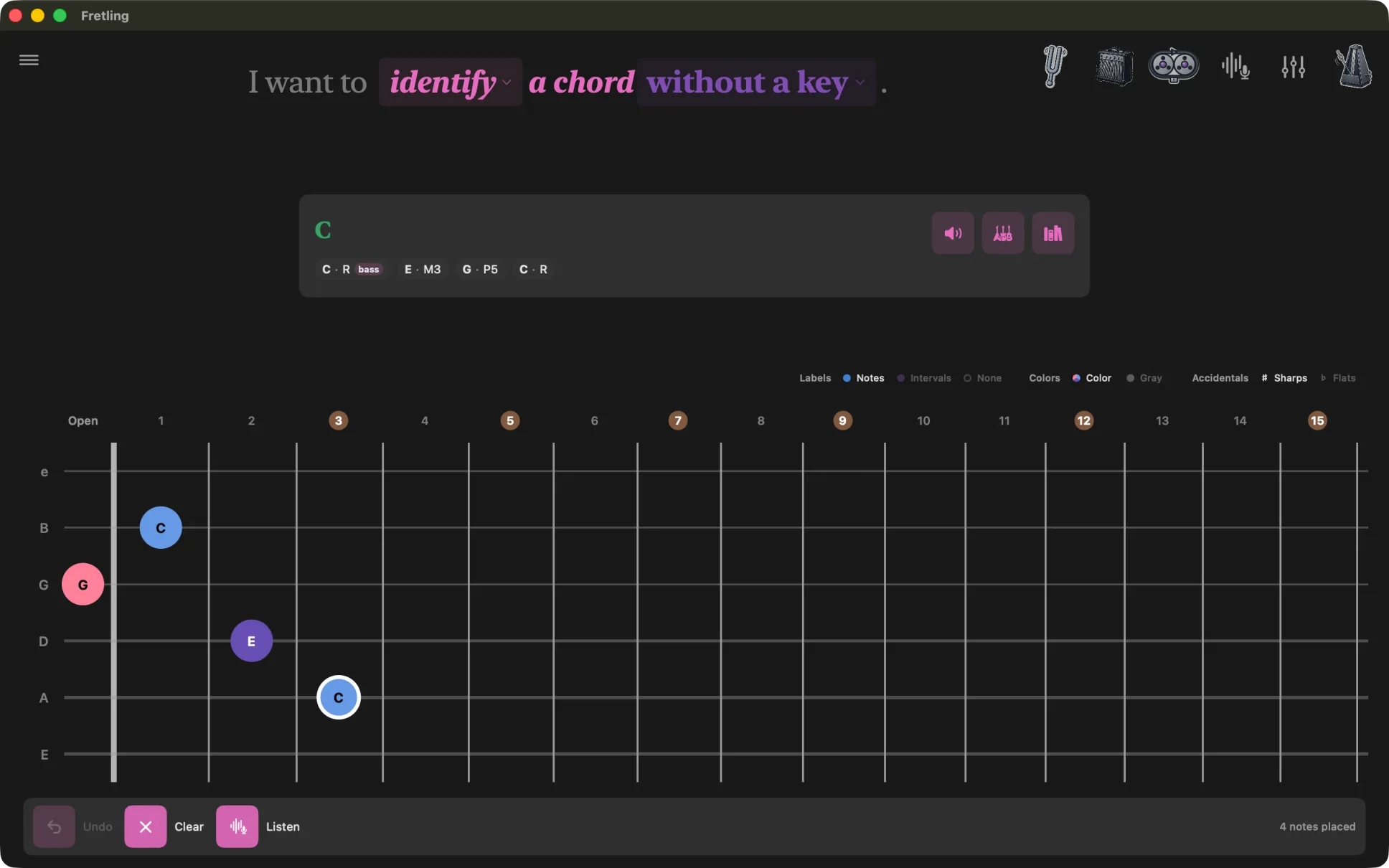 Identify mode with four notes placed on the neck and a results card naming the chord, listing its intervals and offering alternate readings.