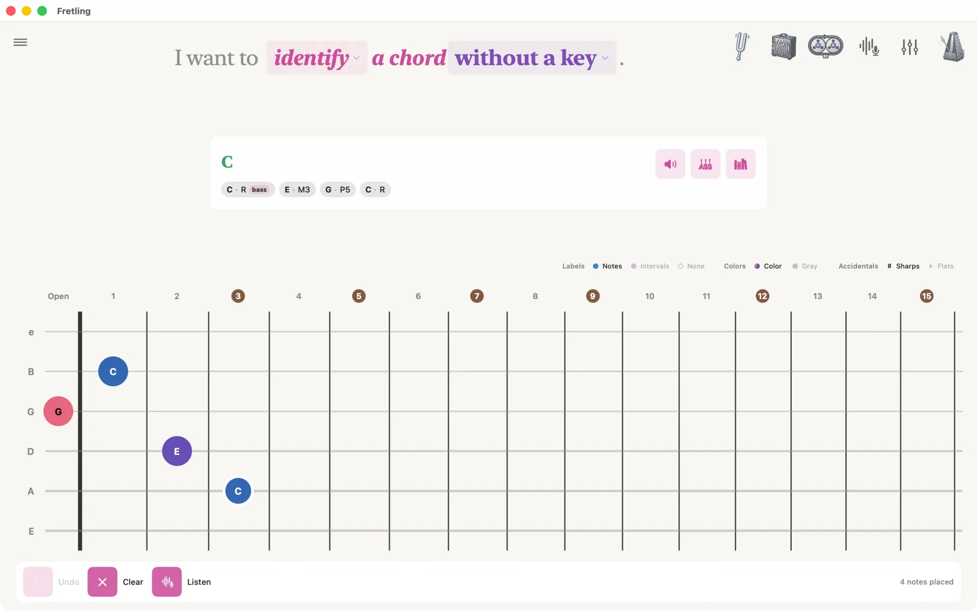 Identify mode with four notes placed on the neck and a results card naming the chord, listing its intervals and offering alternate readings.
