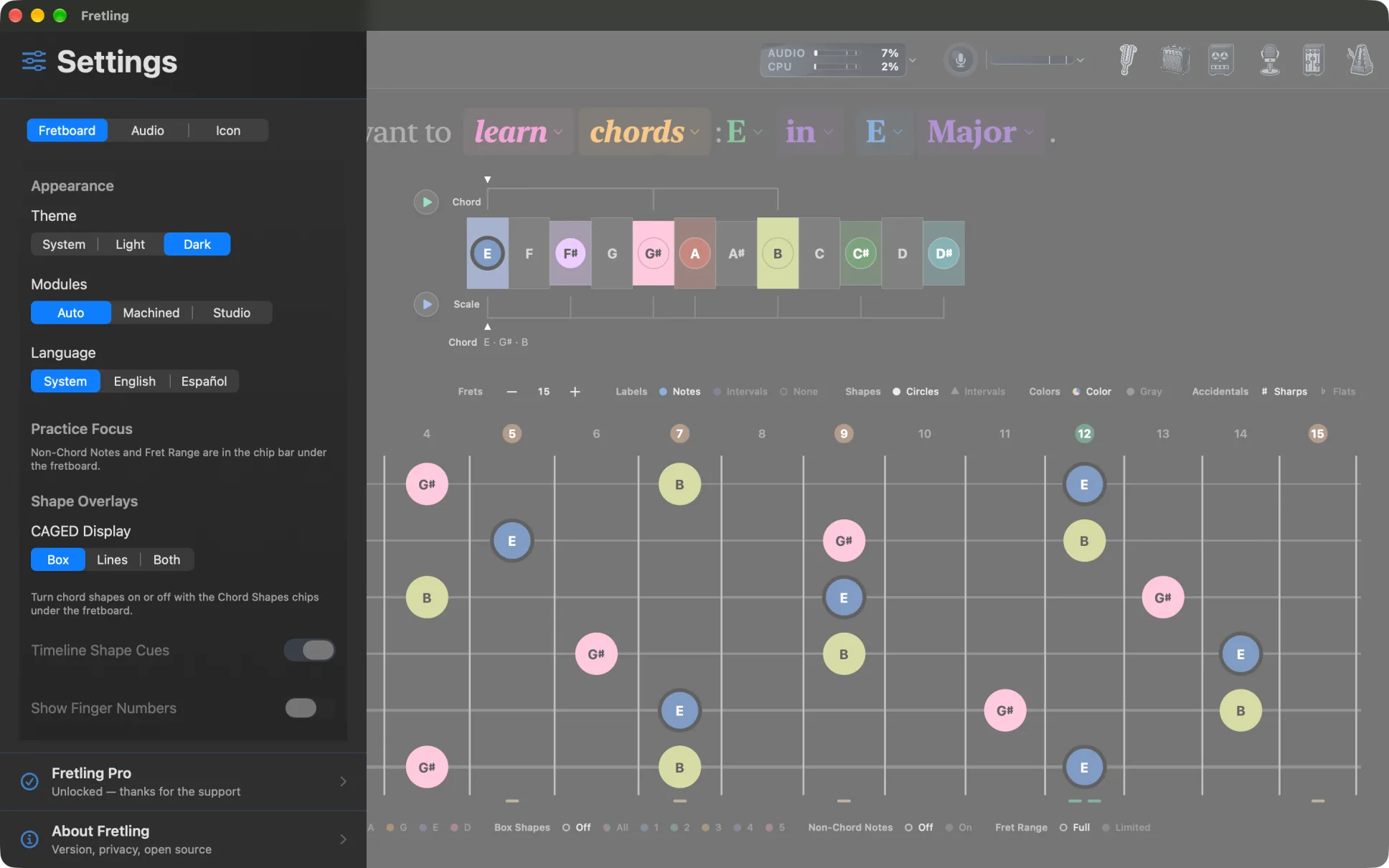 The settings sidebar open on the Fretboard tab, showing the Appearance, Practice Focus and Shape Overlays groups.