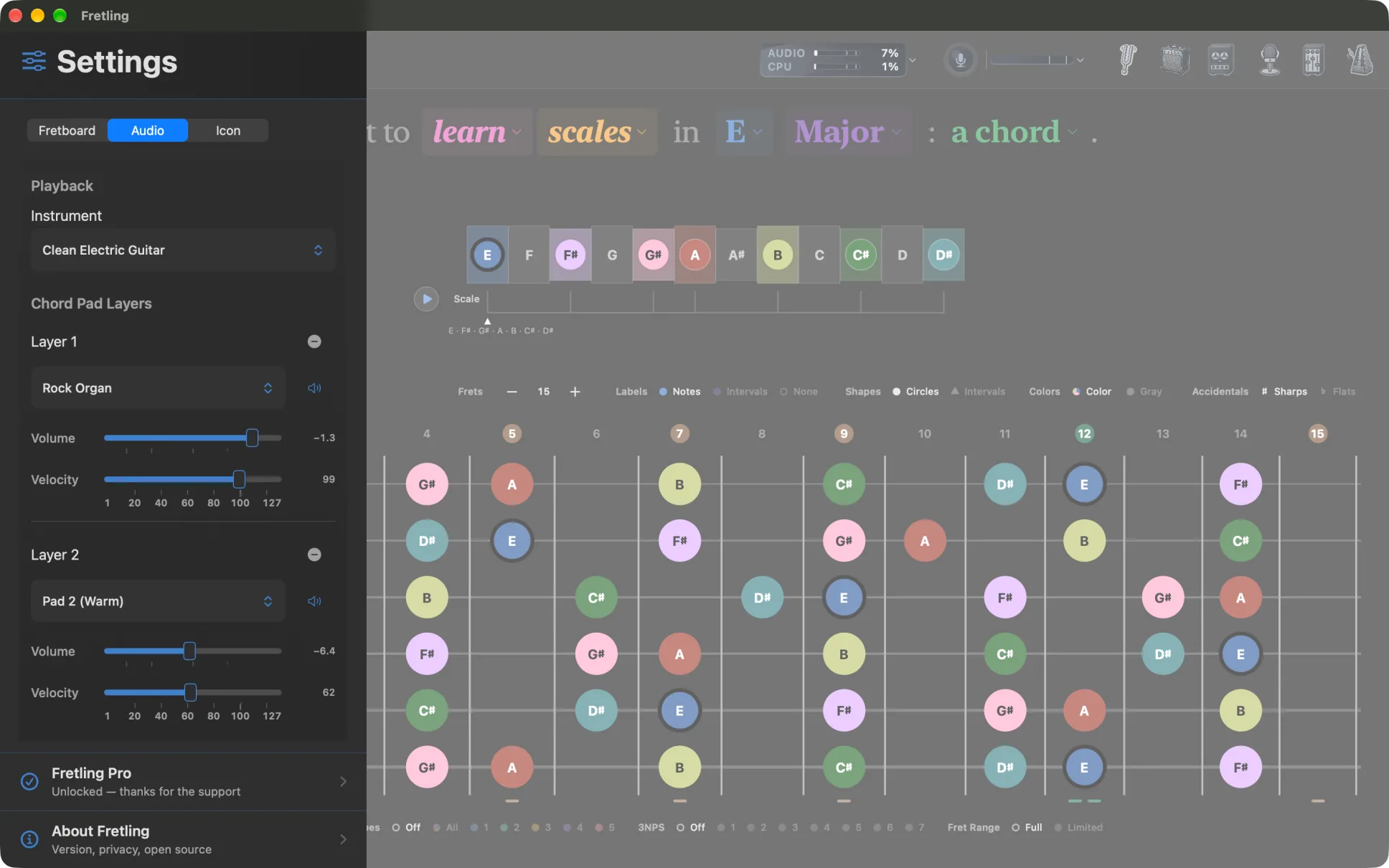 The settings sidebar open on the Audio tab, showing the instrument picker and the stacked chord pad layers.