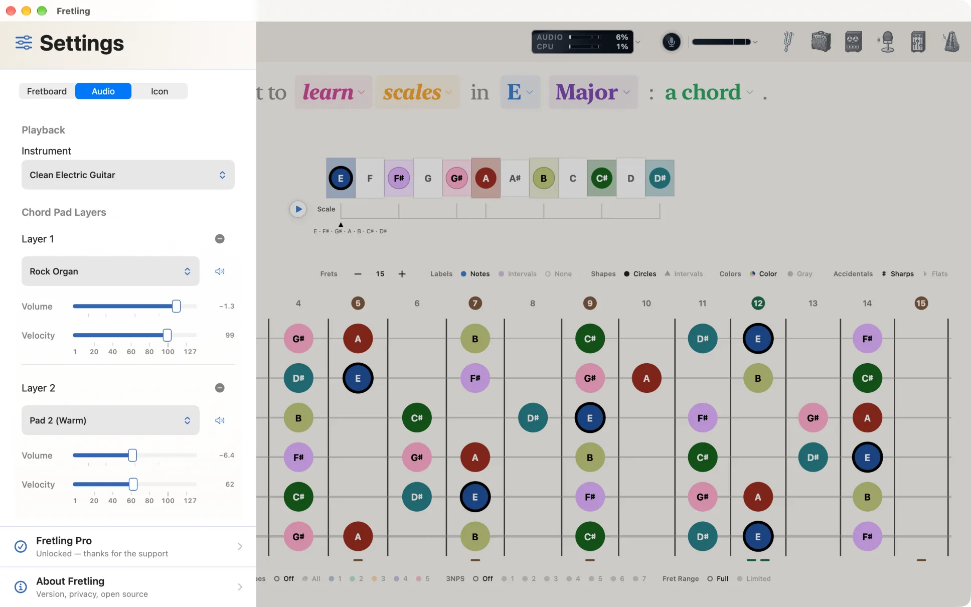 The settings sidebar open on the Audio tab, showing the instrument picker and the stacked chord pad layers.