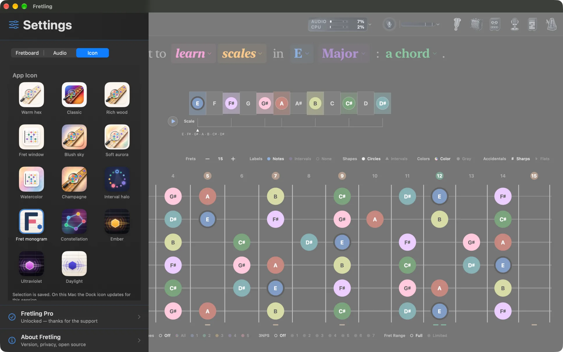 The Icon tab of Settings showing the alternate app icons in a grid, with the current one selected.