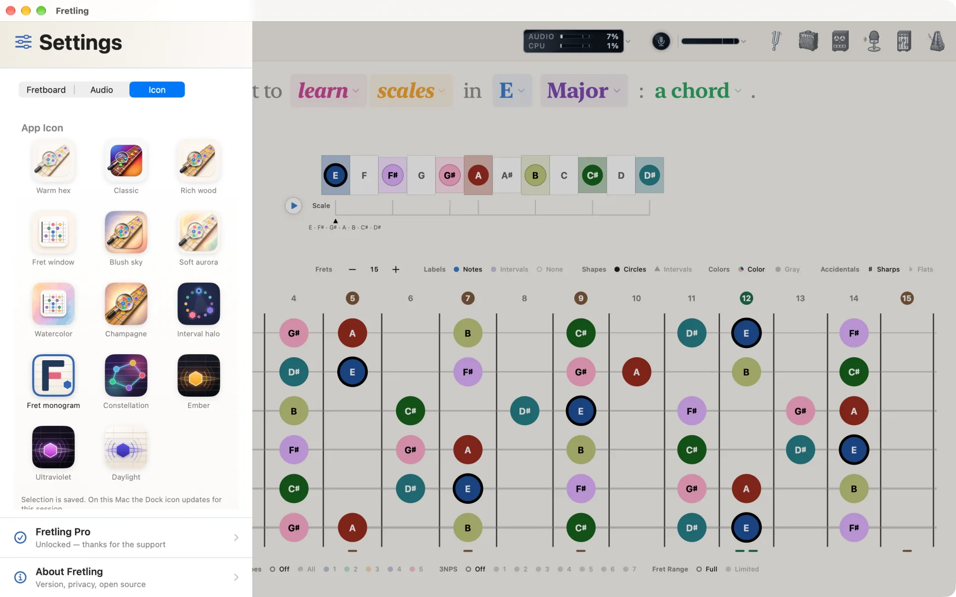 The Icon tab of Settings showing the alternate app icons in a grid, with the current one selected.