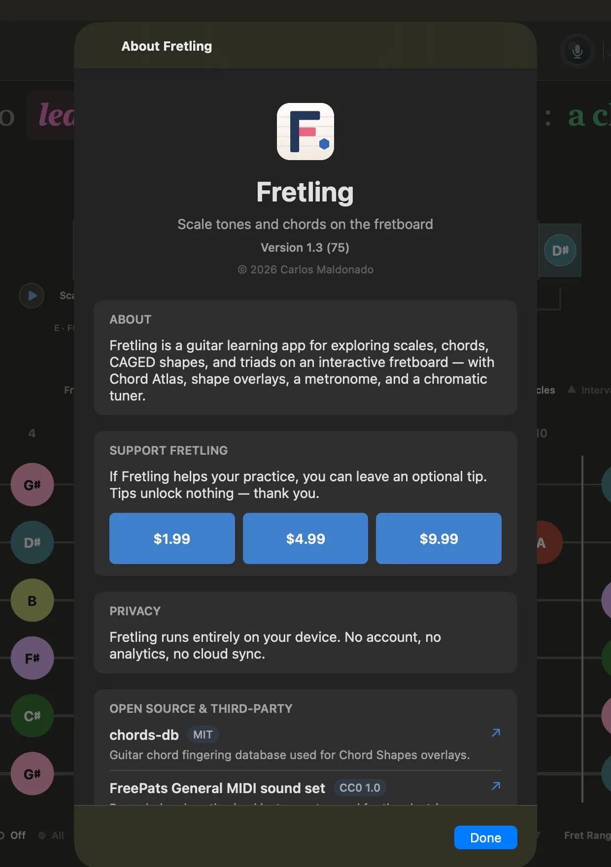 The About sheet showing the version and build, a summary of what Fretling is, the optional tip jar, the privacy statement and the open-source credits.