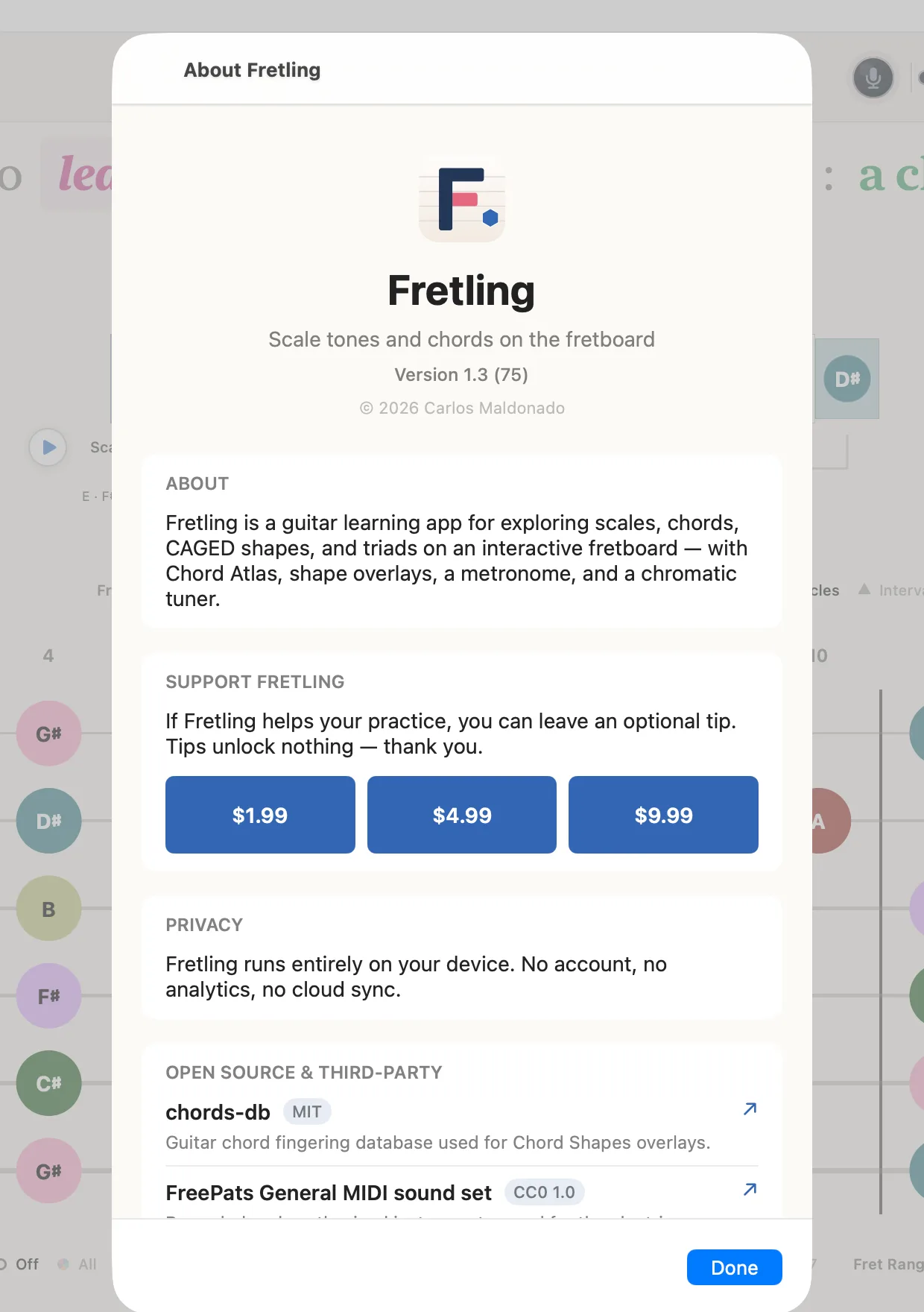 The About sheet showing the version and build, a summary of what Fretling is, the optional tip jar, the privacy statement and the open-source credits.