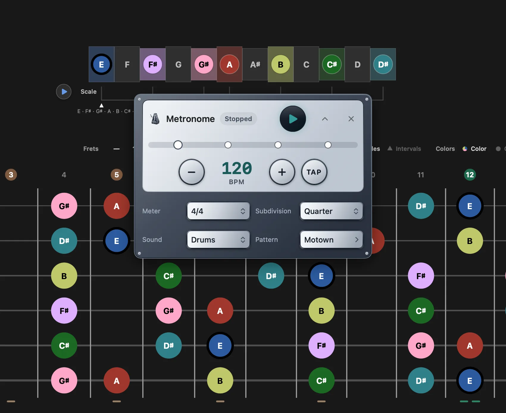 The metronome panel at 120 BPM in 4/4 with quarter-note subdivision and the drum kit sound pack selected.