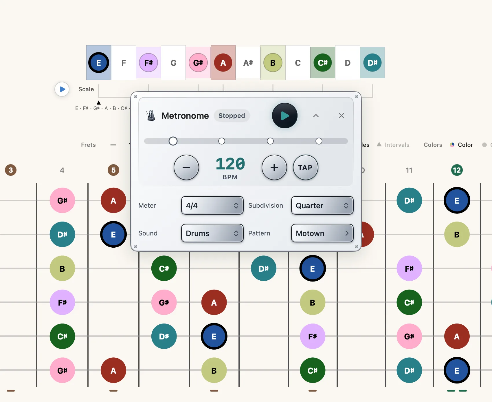 The metronome panel at 120 BPM in 4/4 with quarter-note subdivision and the drum kit sound pack selected.
