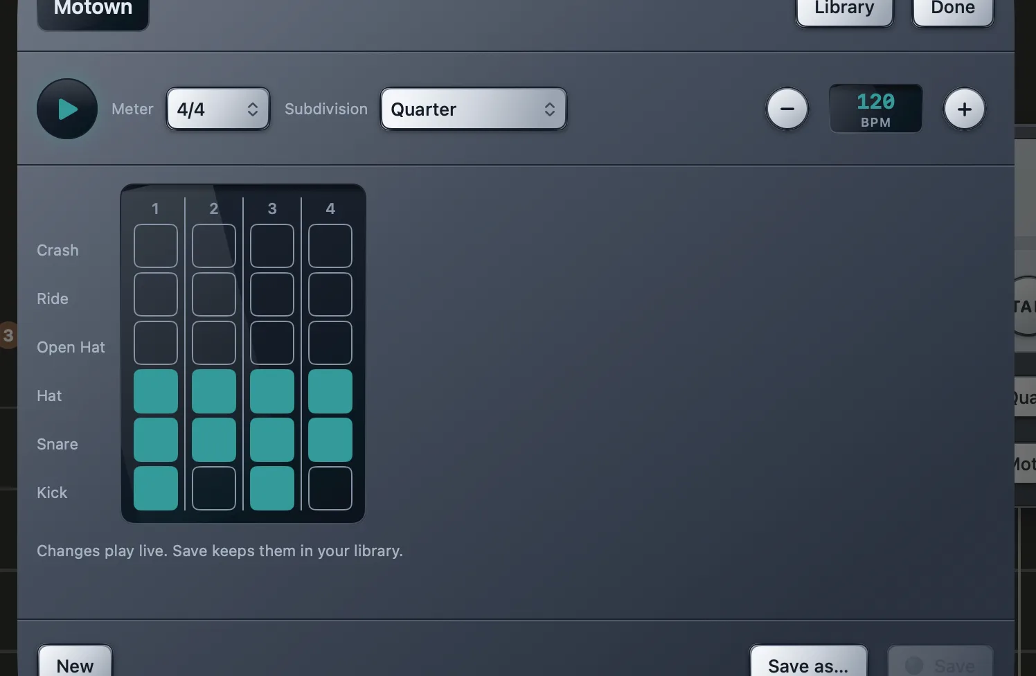 The drum pattern editor with six lanes over a step grid, the fill of each lit cell showing how hard that hit lands.