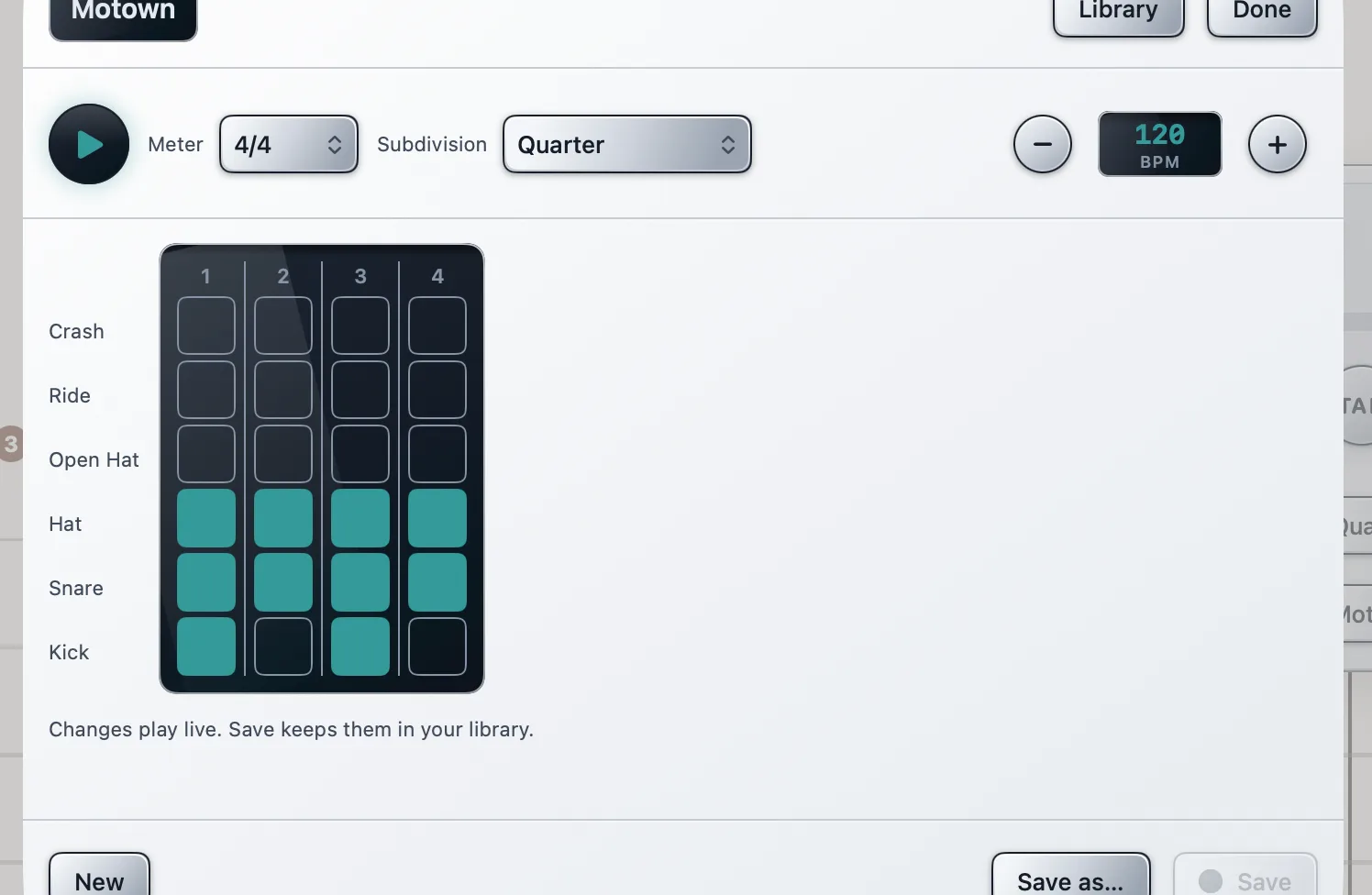 The drum pattern editor with six lanes over a step grid, the fill of each lit cell showing how hard that hit lands.