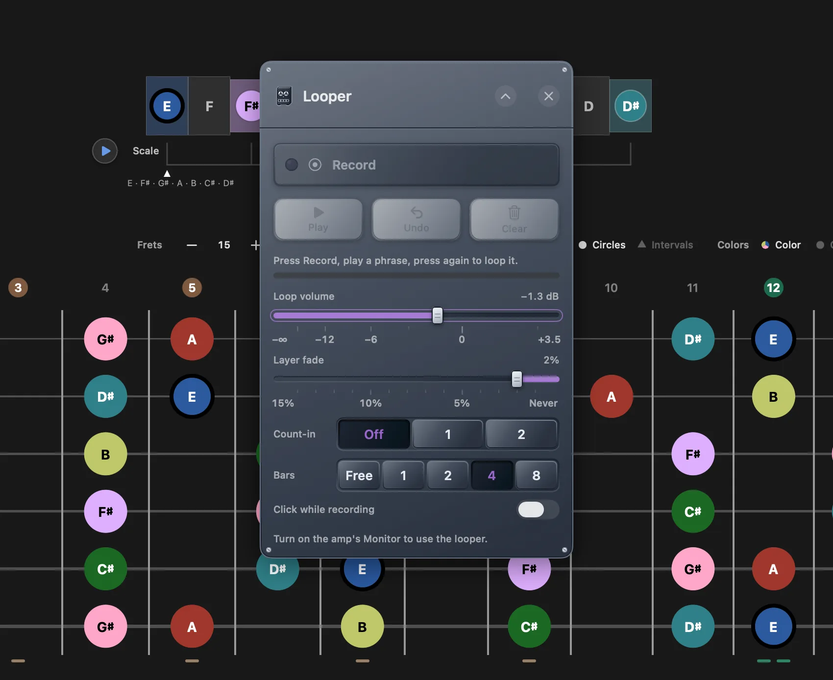 The looper panel with its bar length, count-in, record button and overdub controls, locked to the metronome's click.
