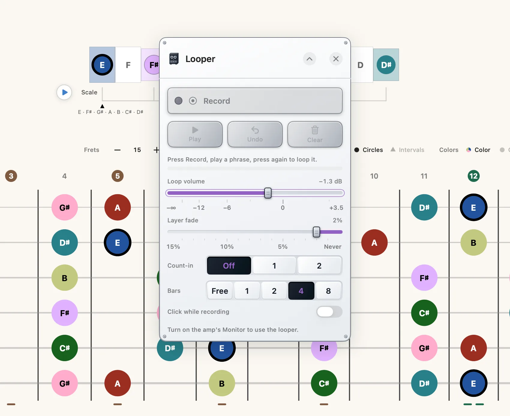 The looper panel with its bar length, count-in, record button and overdub controls, locked to the metronome's click.