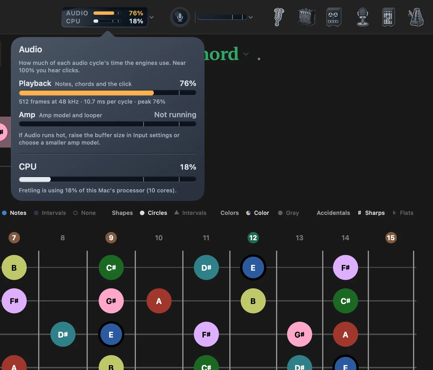 The performance console open below the top bar's readout, showing the Playback engine in the amber hot zone with its cycle budget, the Amp engine not running, the coaching line, and the CPU share.