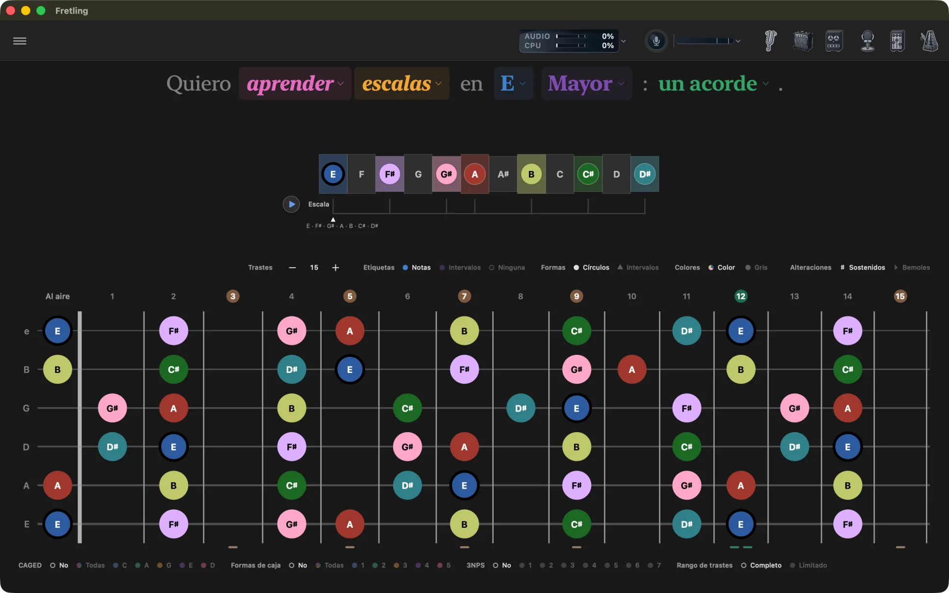 Fretling mostrando E mayor a lo largo de todo el mástil, con el encabezado de la oración arriba y la barra de visualización de marcadores y las agrupaciones visuales flanqueando el diapasón.