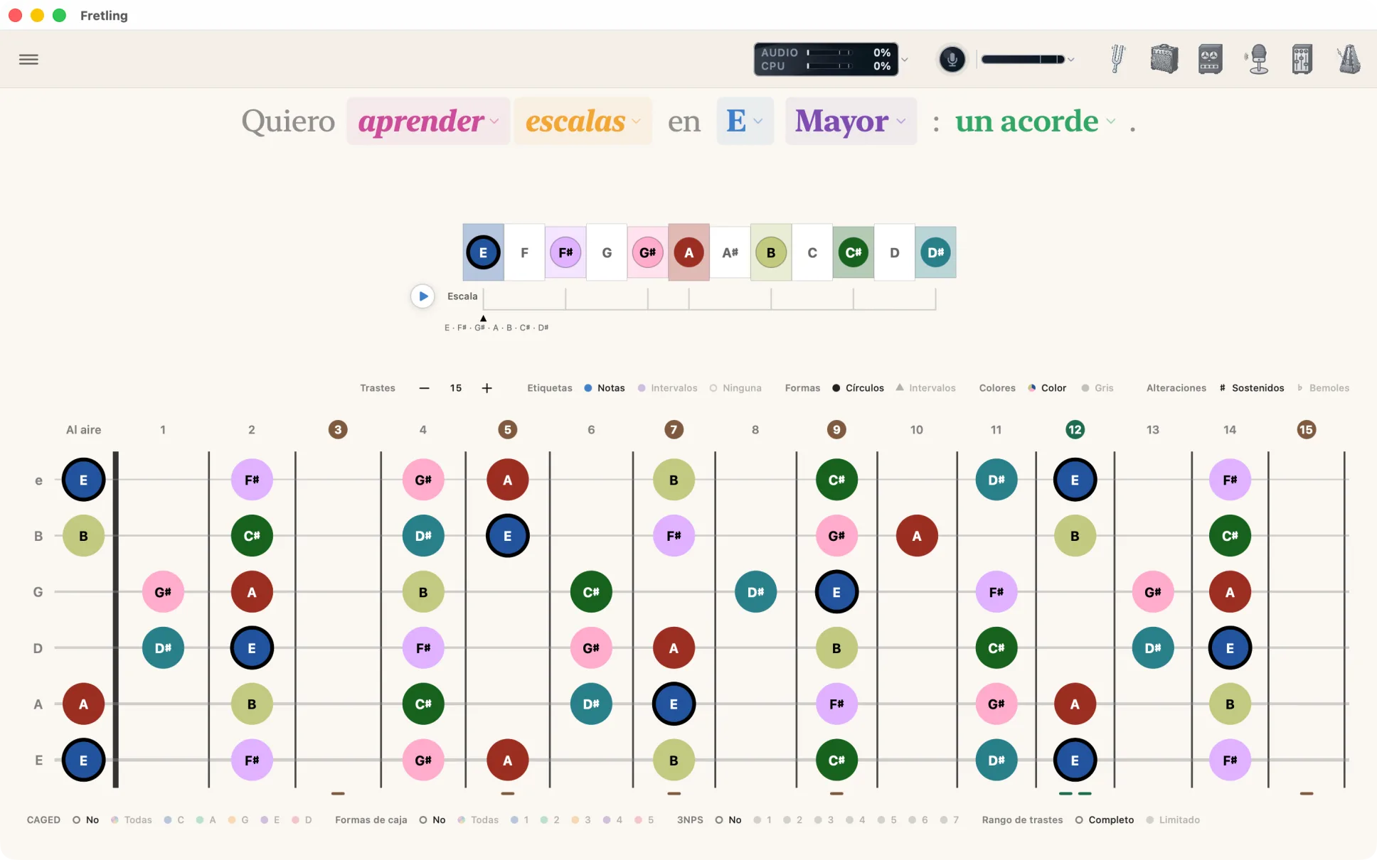 Fretling mostrando E mayor a lo largo de todo el mástil, con el encabezado de la oración arriba y la barra de visualización de marcadores y las agrupaciones visuales flanqueando el diapasón.