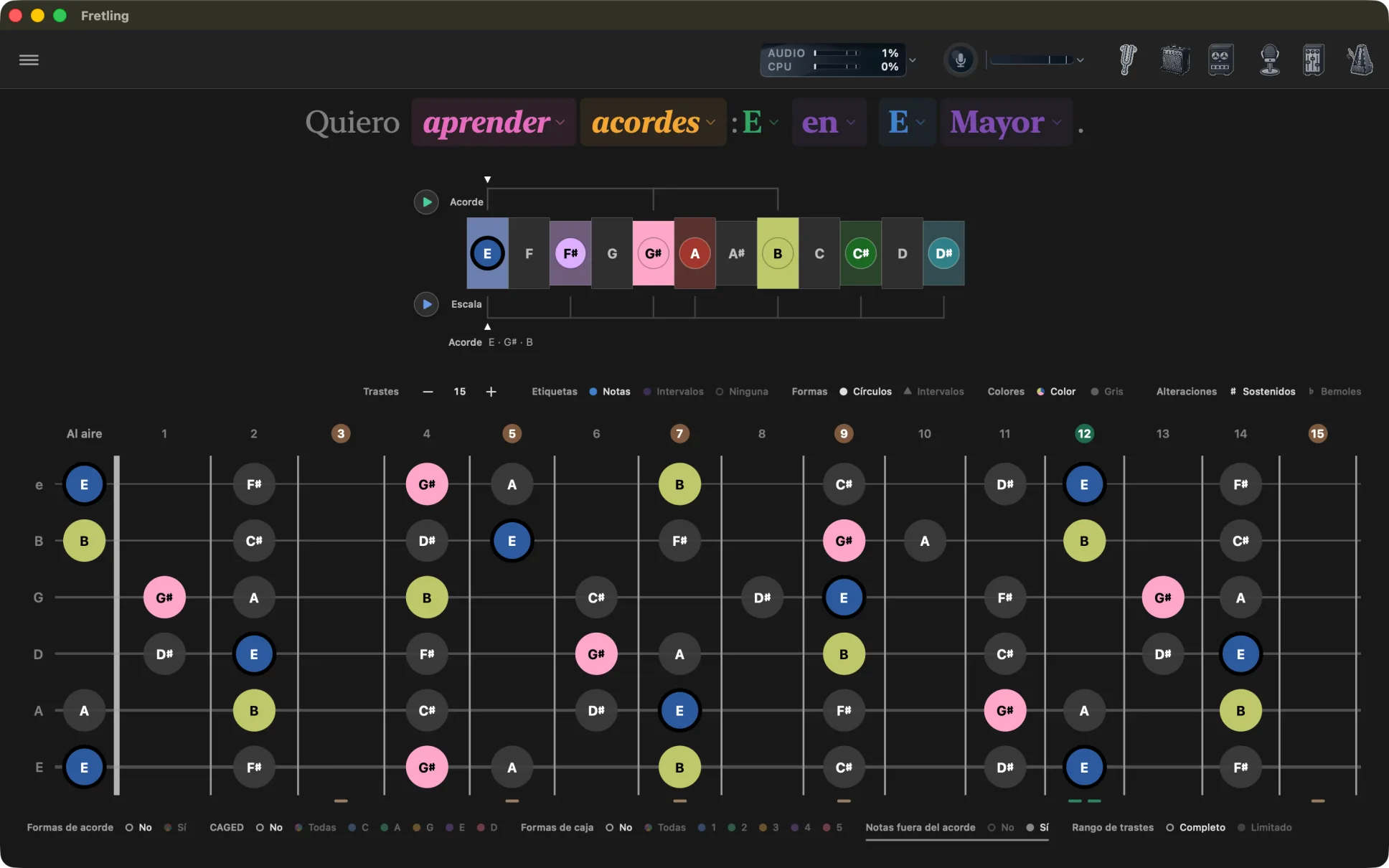 Modo Acordes mostrando E mayor en la tonalidad de E Mayor, con las notas del acorde coloreadas y el resto de las notas de la escala en gris.