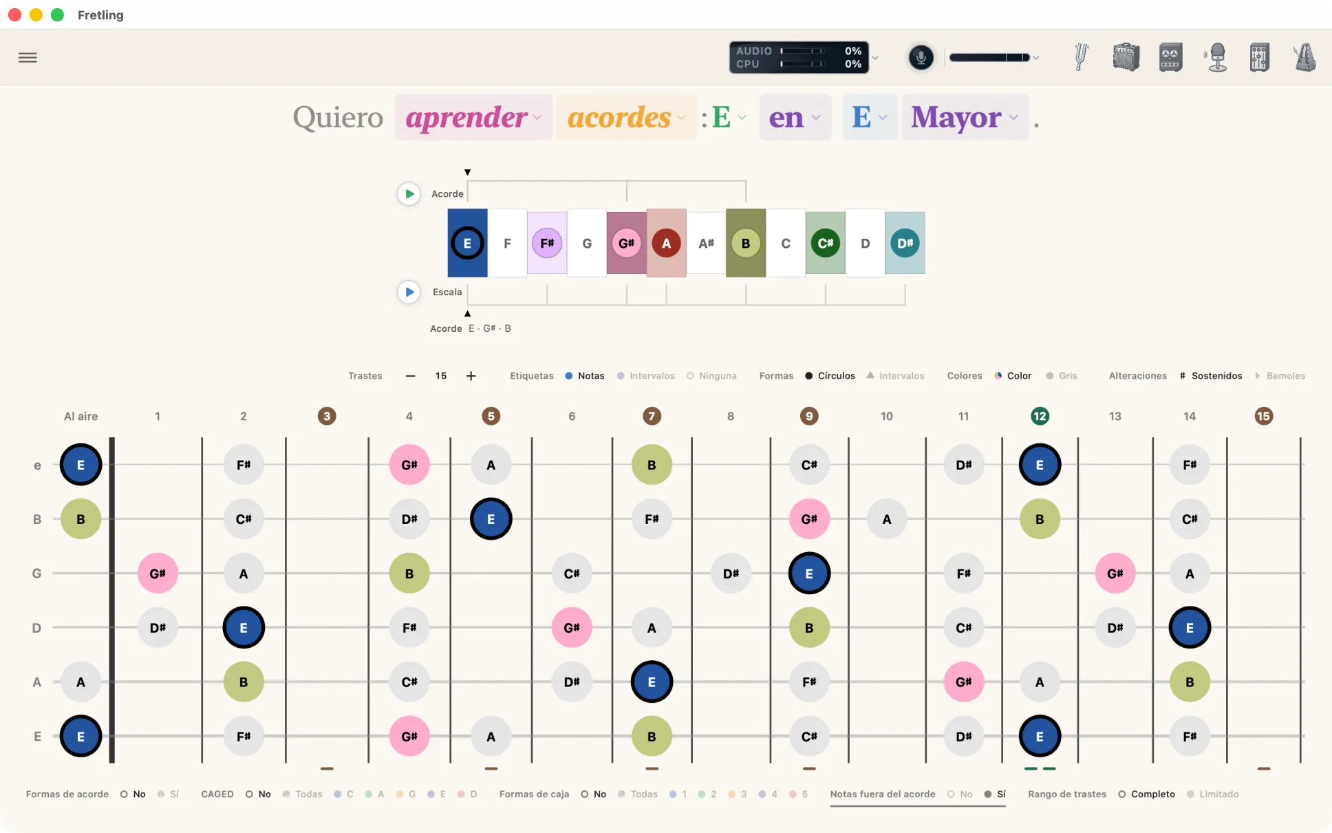 Modo Acordes mostrando E mayor en la tonalidad de E Mayor, con las notas del acorde coloreadas y el resto de las notas de la escala en gris.