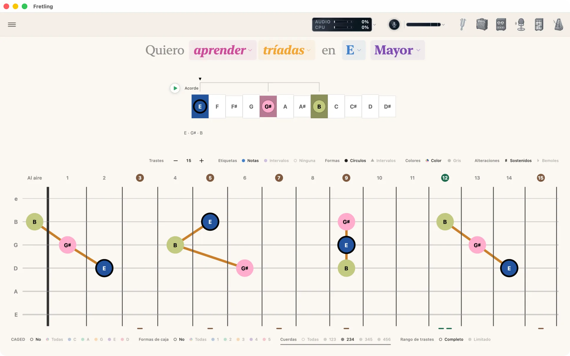 Modo Tríadas con tríadas mayores enmarcadas en la segunda, tercera y cuarta cuerda.