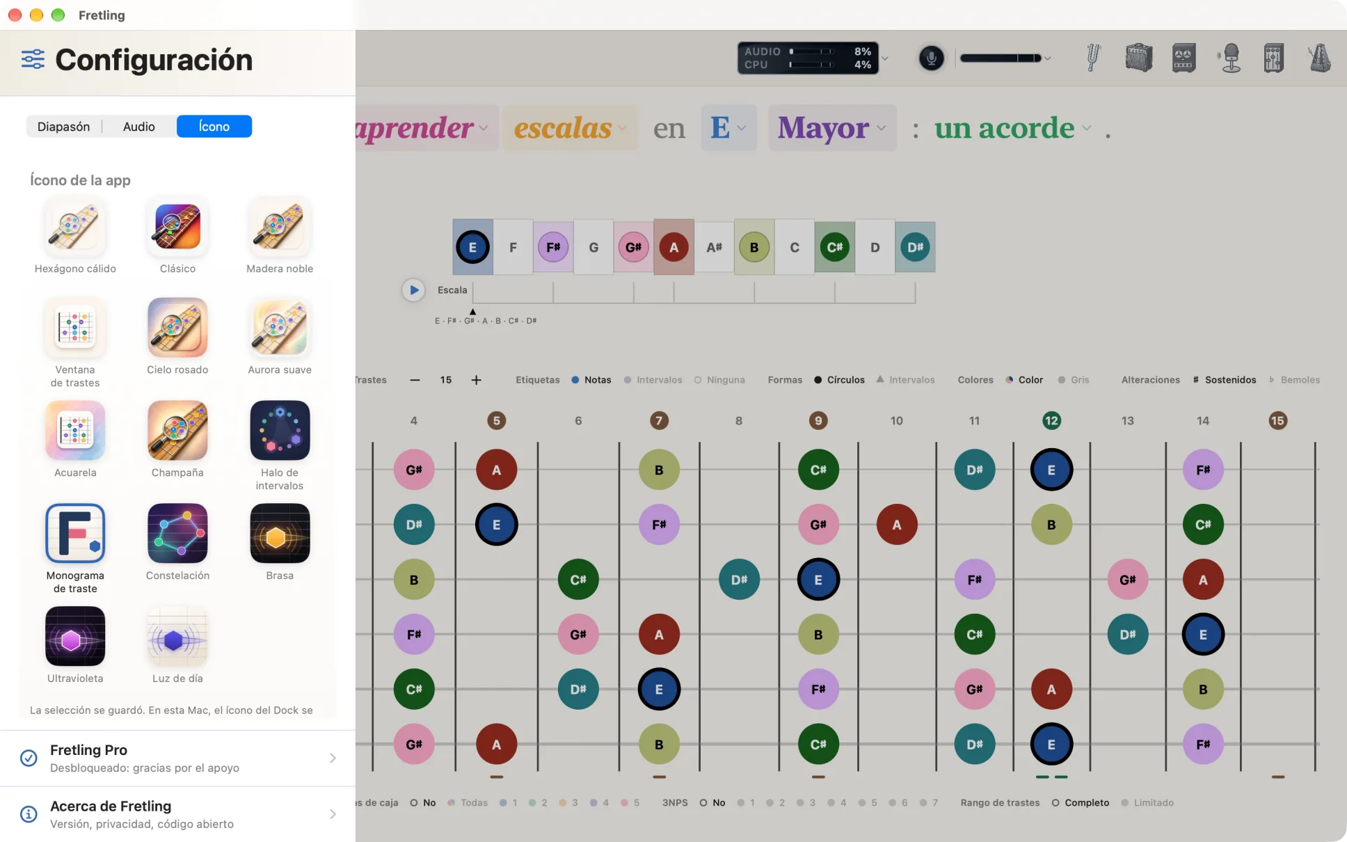 La pestaña Ícono de Ajustes mostrando los íconos alternativos de la app en cuadrícula, con el actual seleccionado.