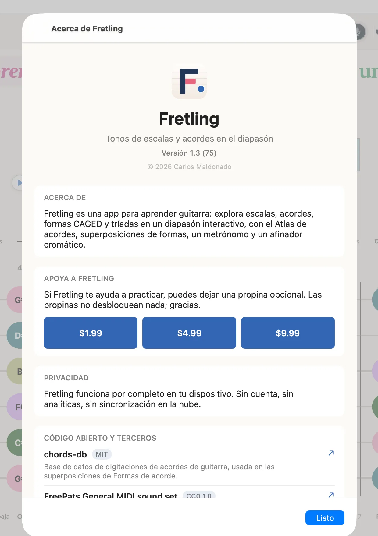 La hoja Acerca de mostrando la versión y la compilación, un resumen de qué es Fretling, el bote de propinas opcional, la declaración de privacidad y los créditos de código abierto.
